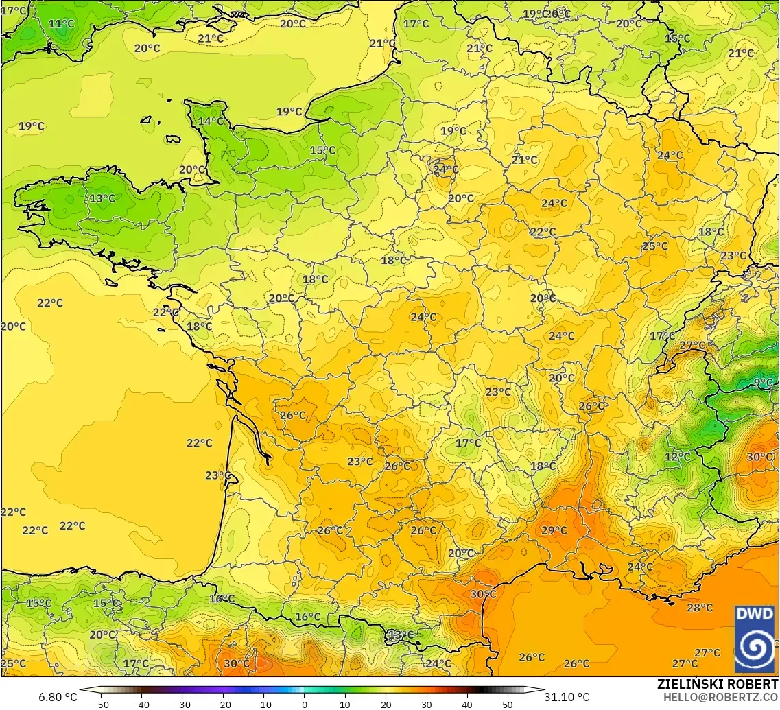 ICON modelo - Francia, Temperatura a 2 m