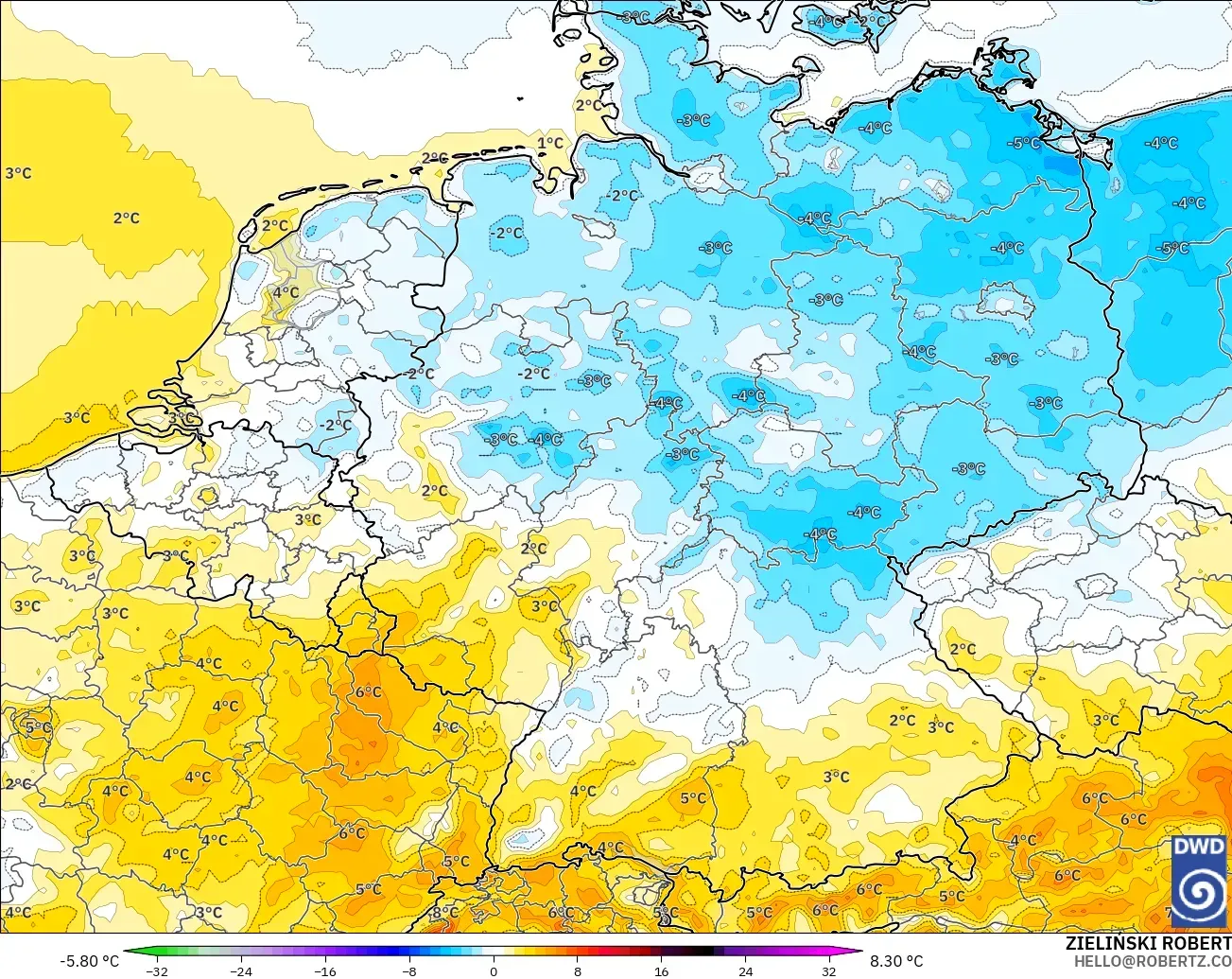 ICON modelo - Alemania, Anomalía de temperatura a 2 m