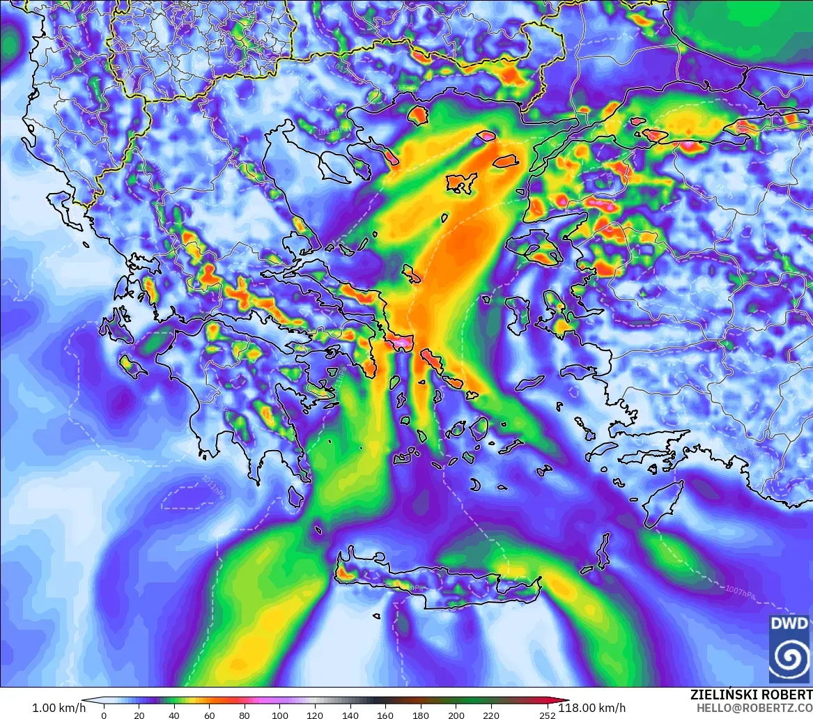 ICON modelo - Grecia, Ráfagas de viento