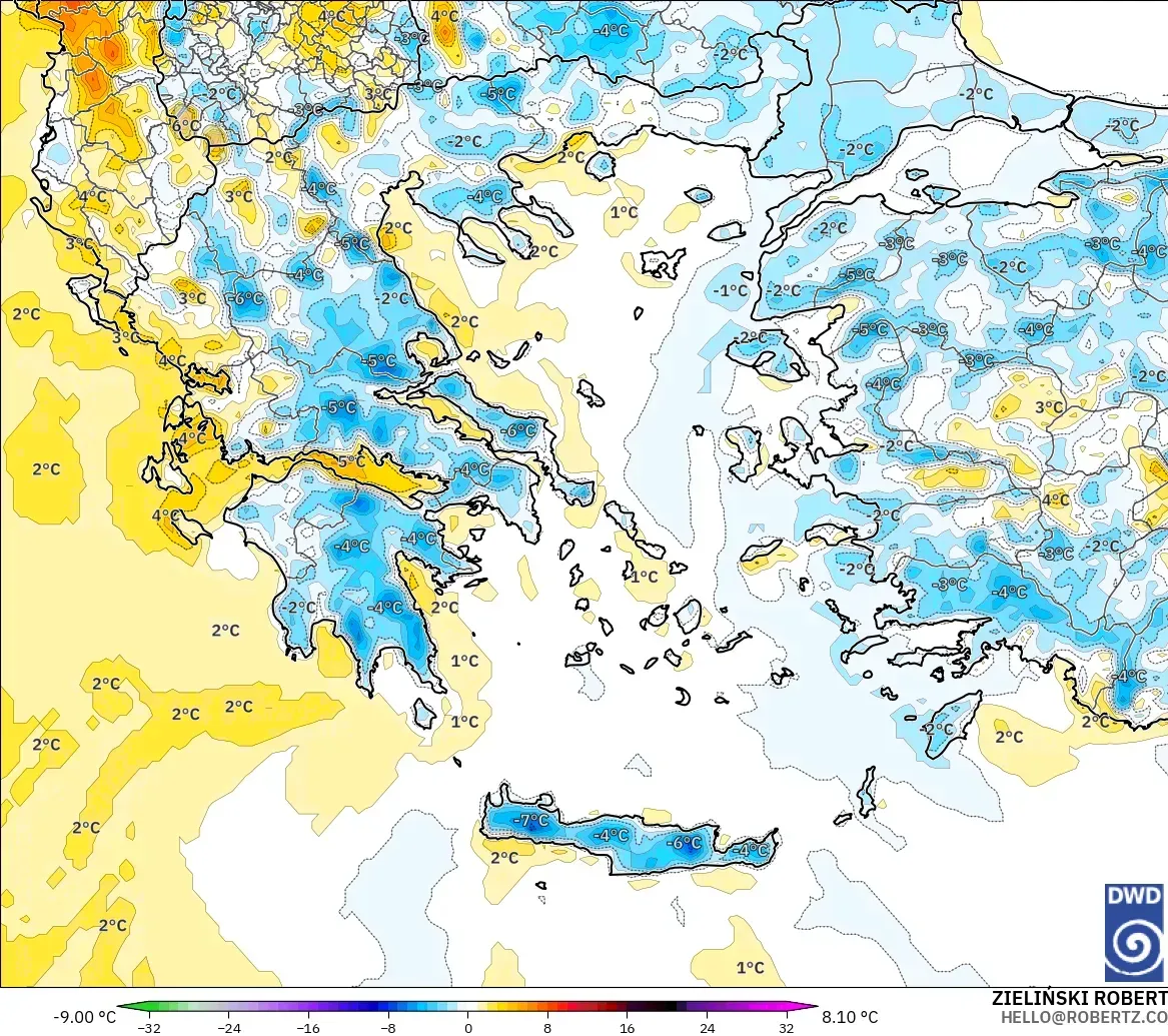 ICON modelo - Grecia, Anomalía de temperatura a 2 m