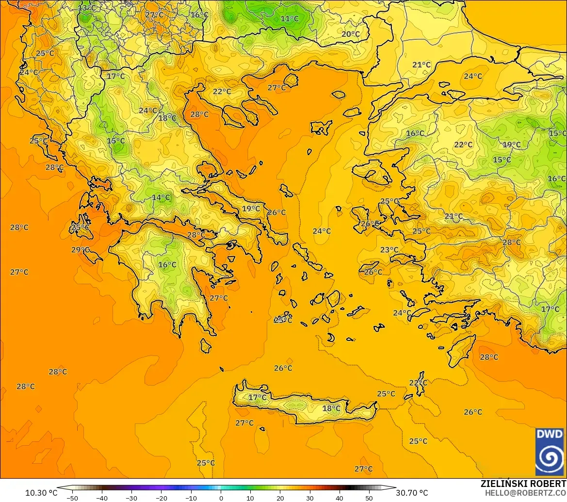 ICON modelo - Grecia, Temperatura a 2 m