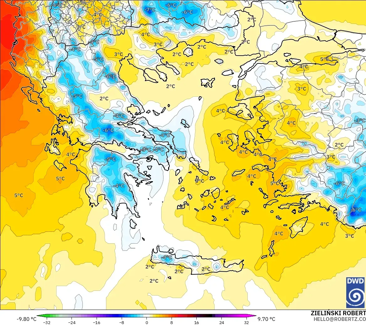 ICON modelo - Grecia, Anomalía de temperatura a 850 hPa