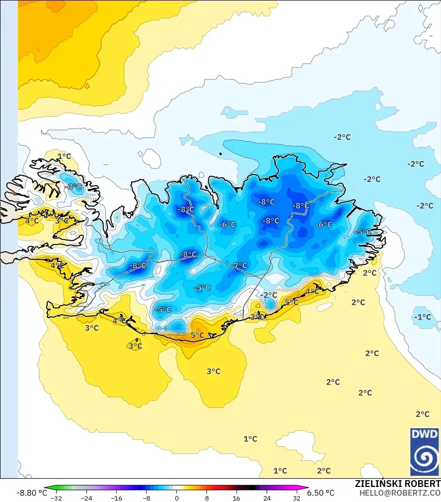ICON modelo - Islandia, Anomalía de temperatura a 2 m