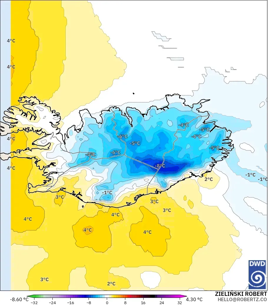 ICON modelo - Islandia, Anomalía de temperatura a 850 hPa