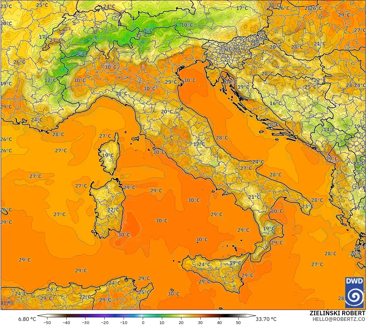 ICON modelo - Italia, Temperatura a 2 m