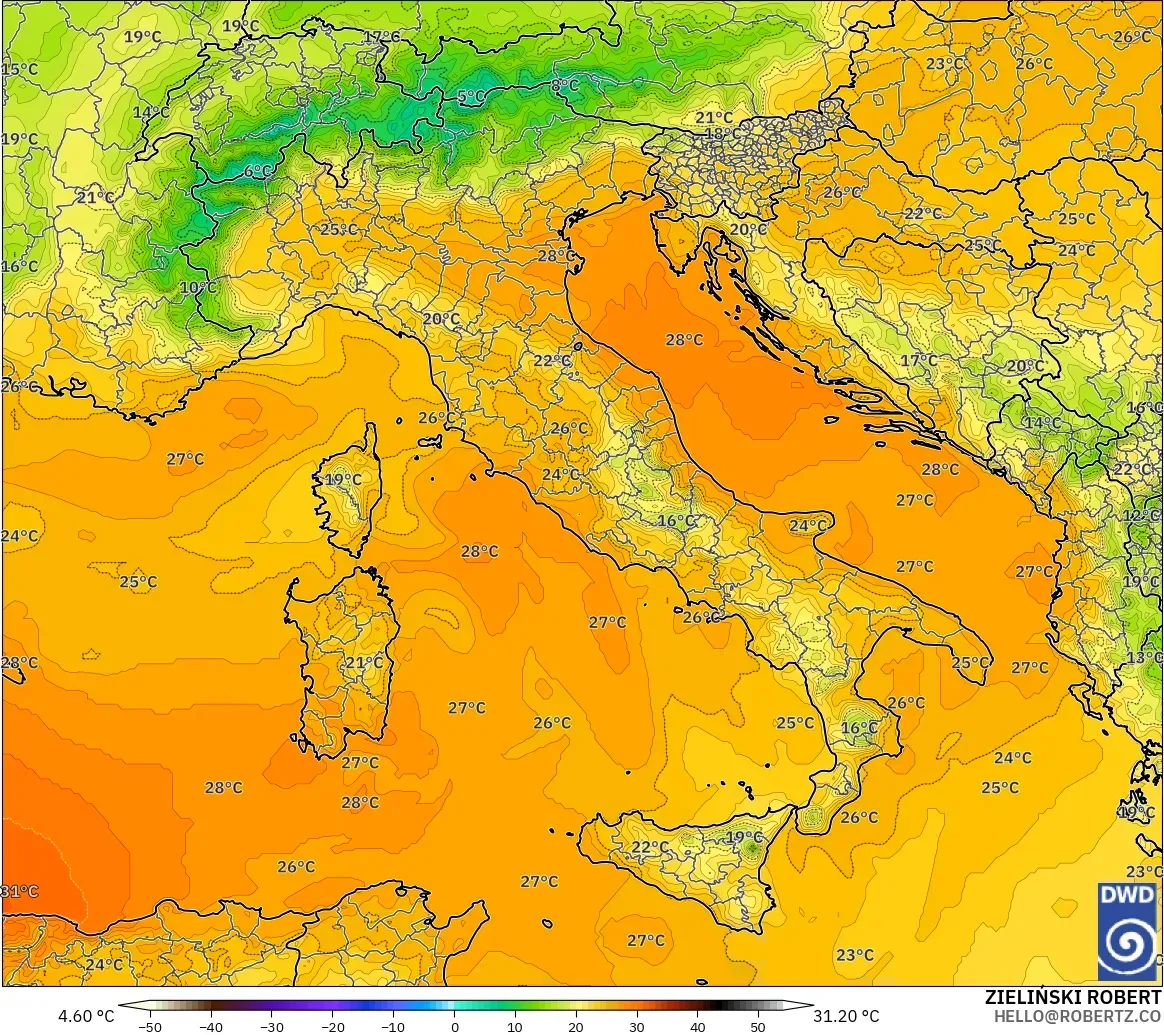 ICON modelo - Italia, Temperatura a 850 hPa