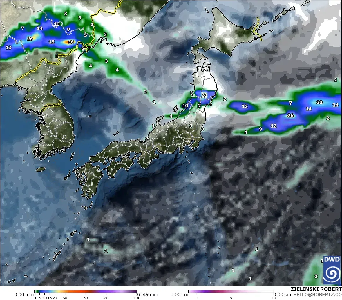 ICON modelo - Japón, Precipitación, nubes y presión