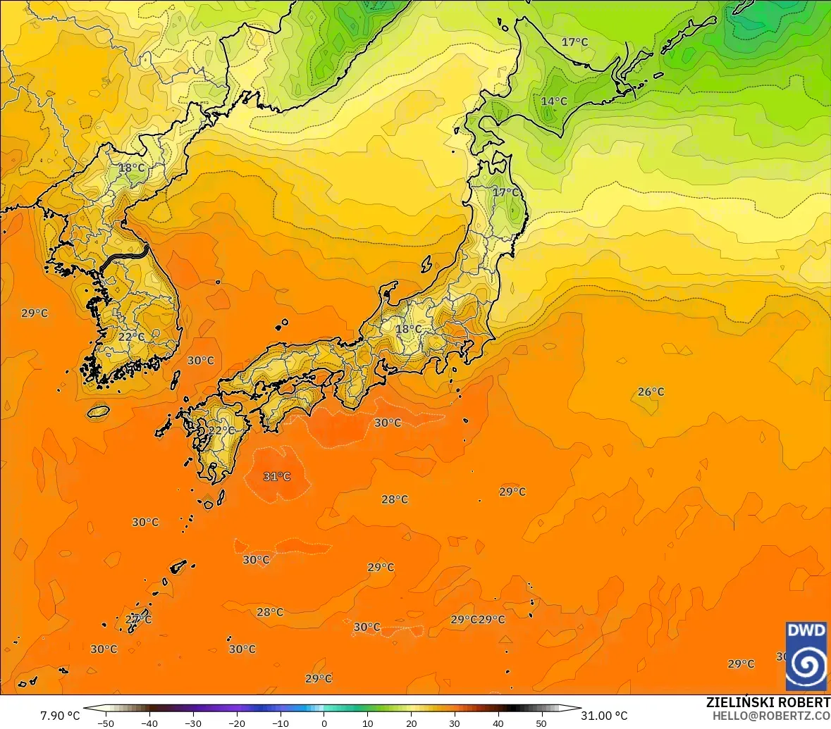 ICON modelo - Japón, Temperatura a 2 m