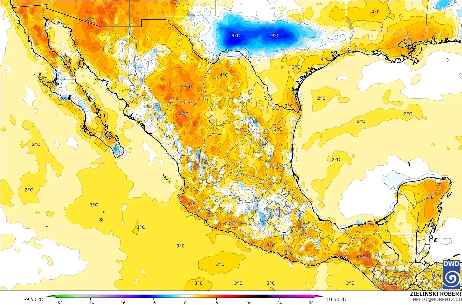 ICON modelo - México, Anomalía de temperatura a 2 m