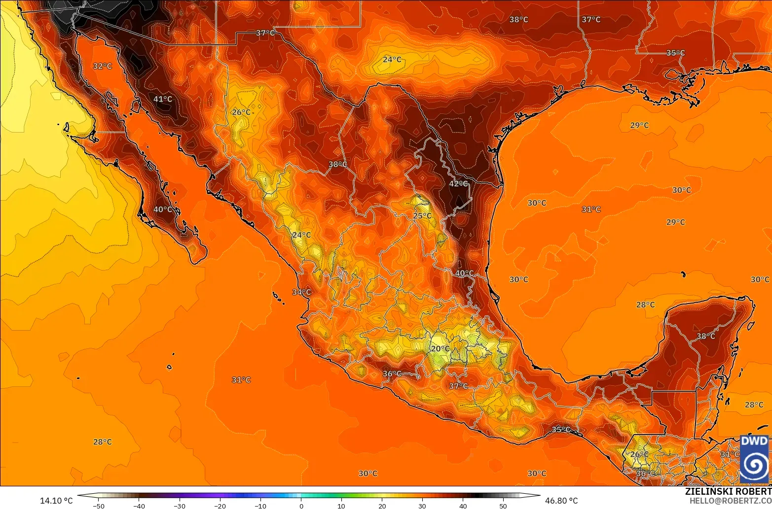ICON modelo - México, Temperatura a 2 m