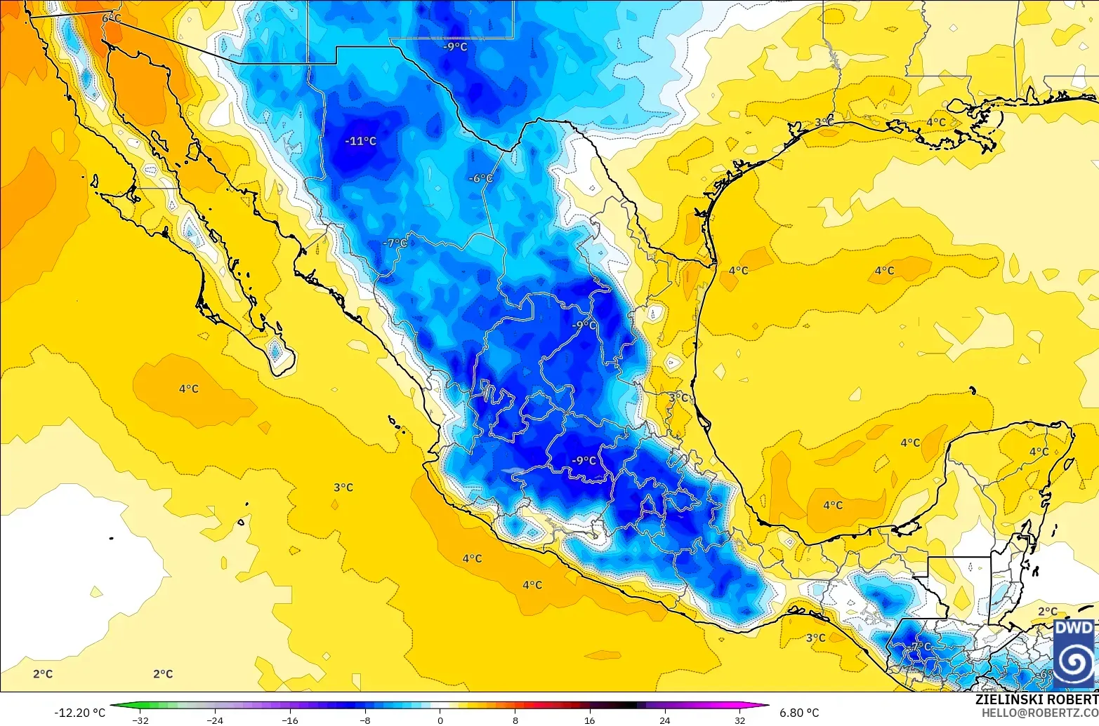 ICON modelo - México, Anomalía de temperatura a 850 hPa