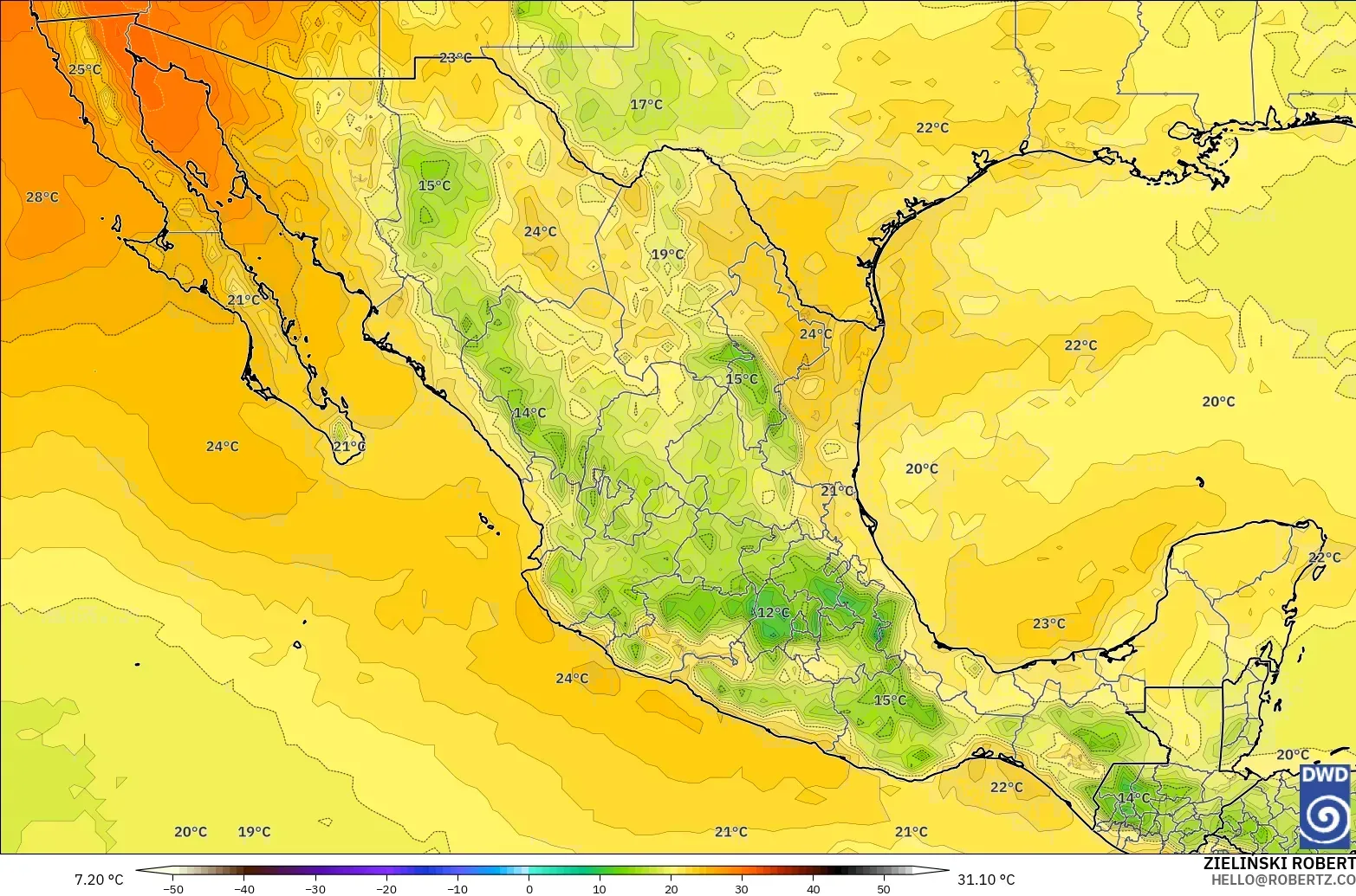 ICON modelo - México, Temperatura a 850 hPa