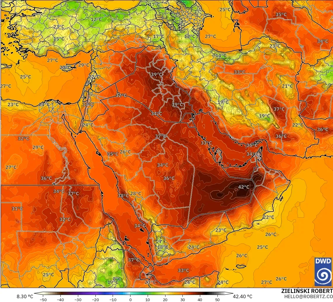 ICON modelo - Oriente Medio, Temperatura a 2 m
