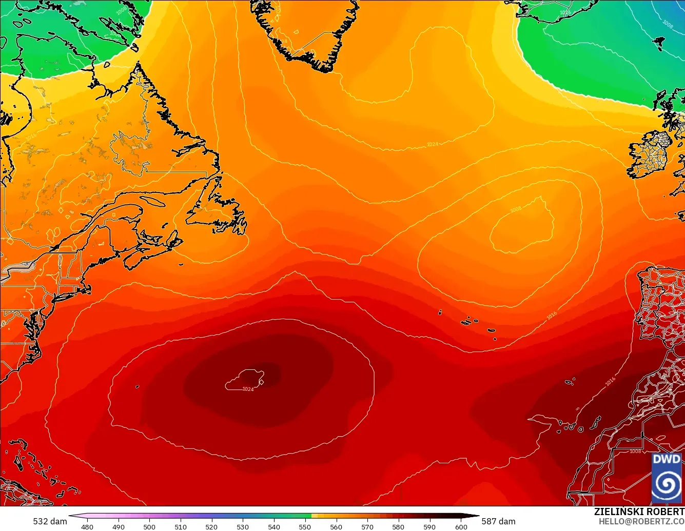ICON modelo - Norte Atlántico, Altura geopotencial a 500 hPa