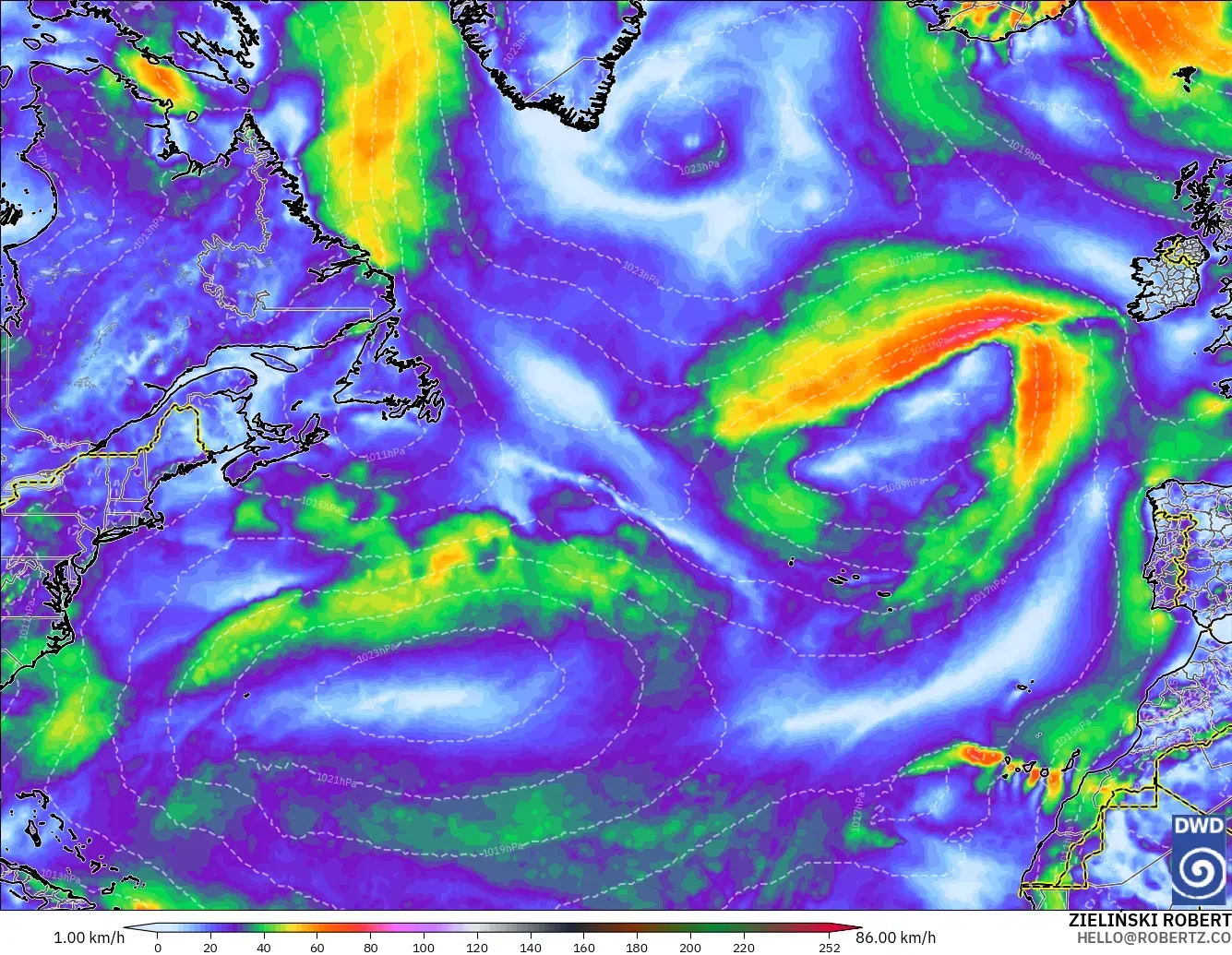ICON modelo - Norte Atlántico, Ráfagas de Viento Máximas