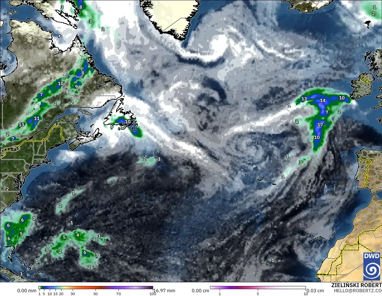 ICON modelo - Norte Atlántico, Precipitación, nubes y presión