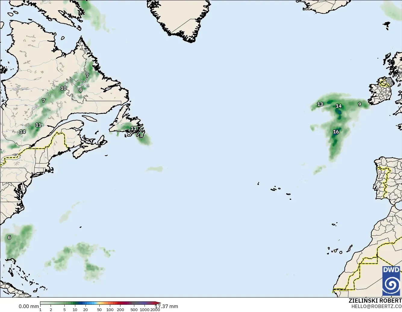 ICON modelo - Norte Atlántico, Acumulación de precipitación
