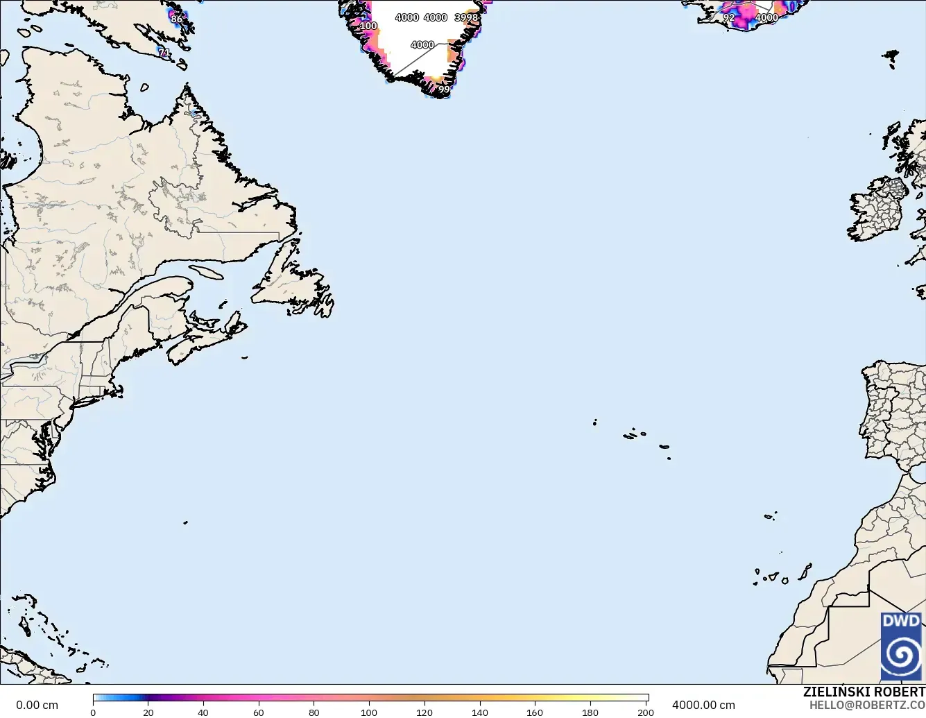 ICON modelo - Norte Atlántico, Profundidad de nieve