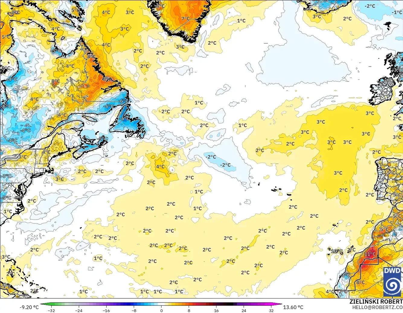 ICON modelo - Norte Atlántico, Anomalía de temperatura a 2 m