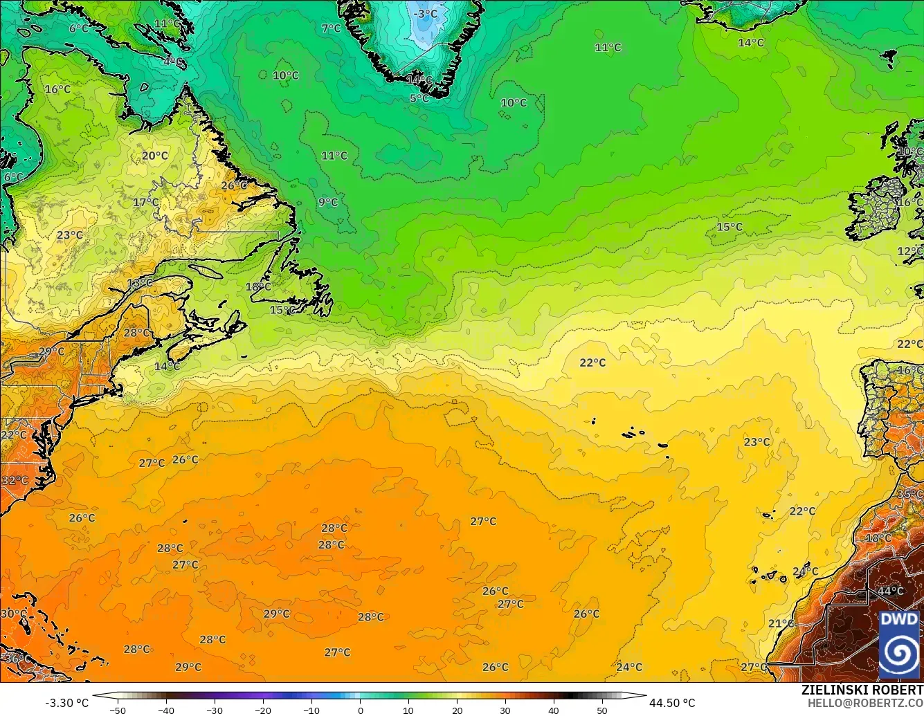 ICON modelo - Norte Atlántico, Temperatura a 2 m