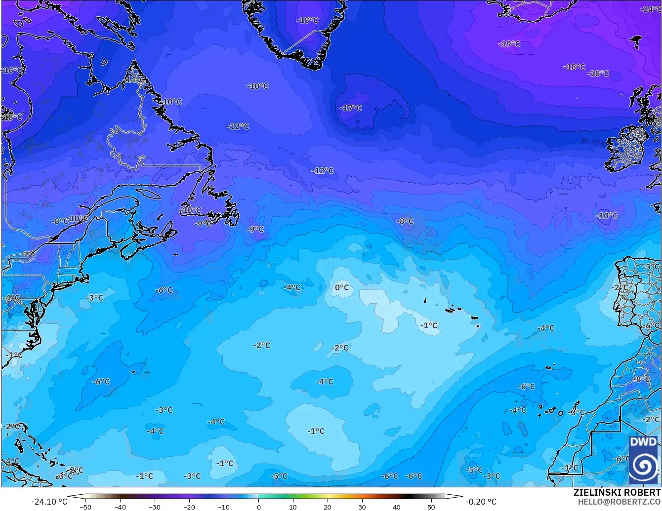 ICON modelo - Norte Atlántico, Temperatura a 500 hPa