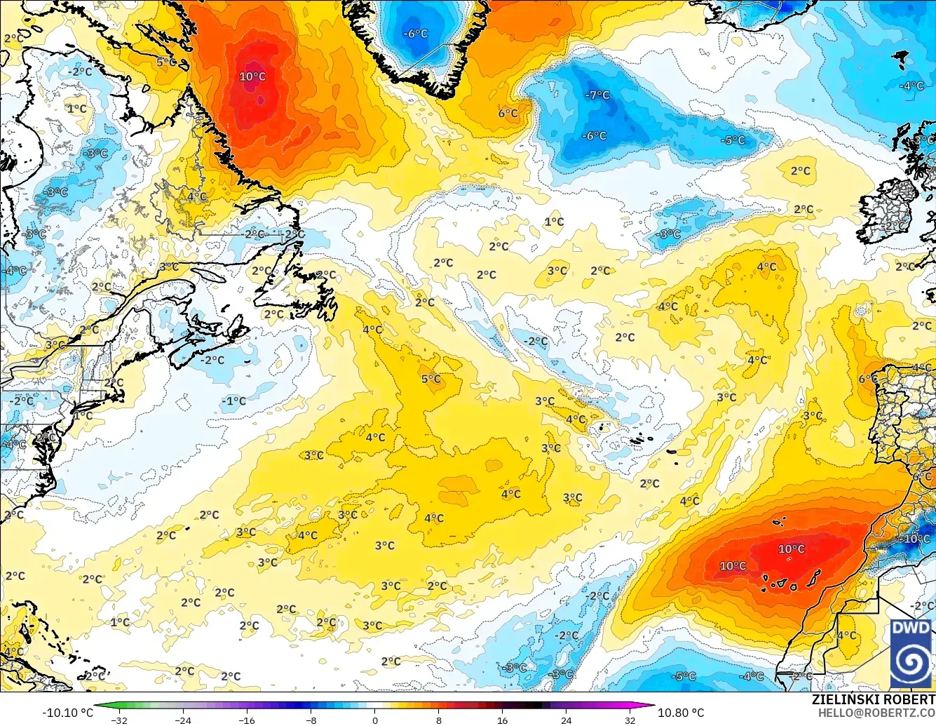 ICON modelo - Norte Atlántico, Anomalía de temperatura a 850 hPa