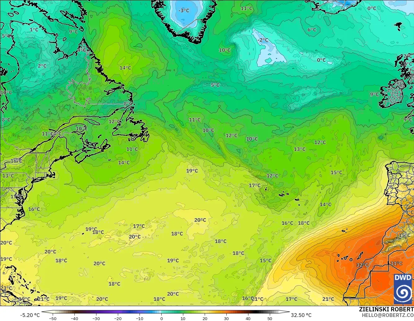 ICON modelo - Norte Atlántico, Temperatura a 850 hPa