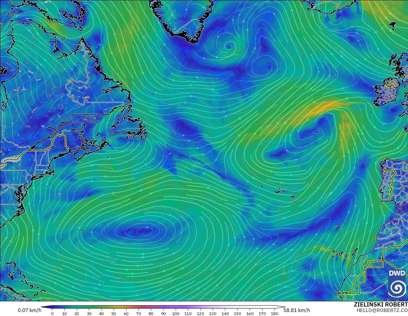 ICON modelo - Norte Atlántico, Viento a 10 m