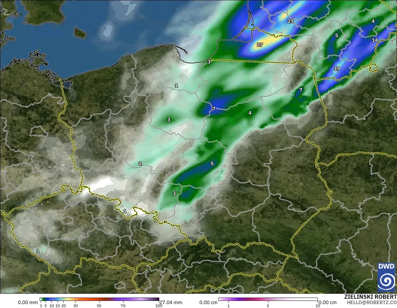 ICON modelo - Polonia, Precipitación, nubes y presión