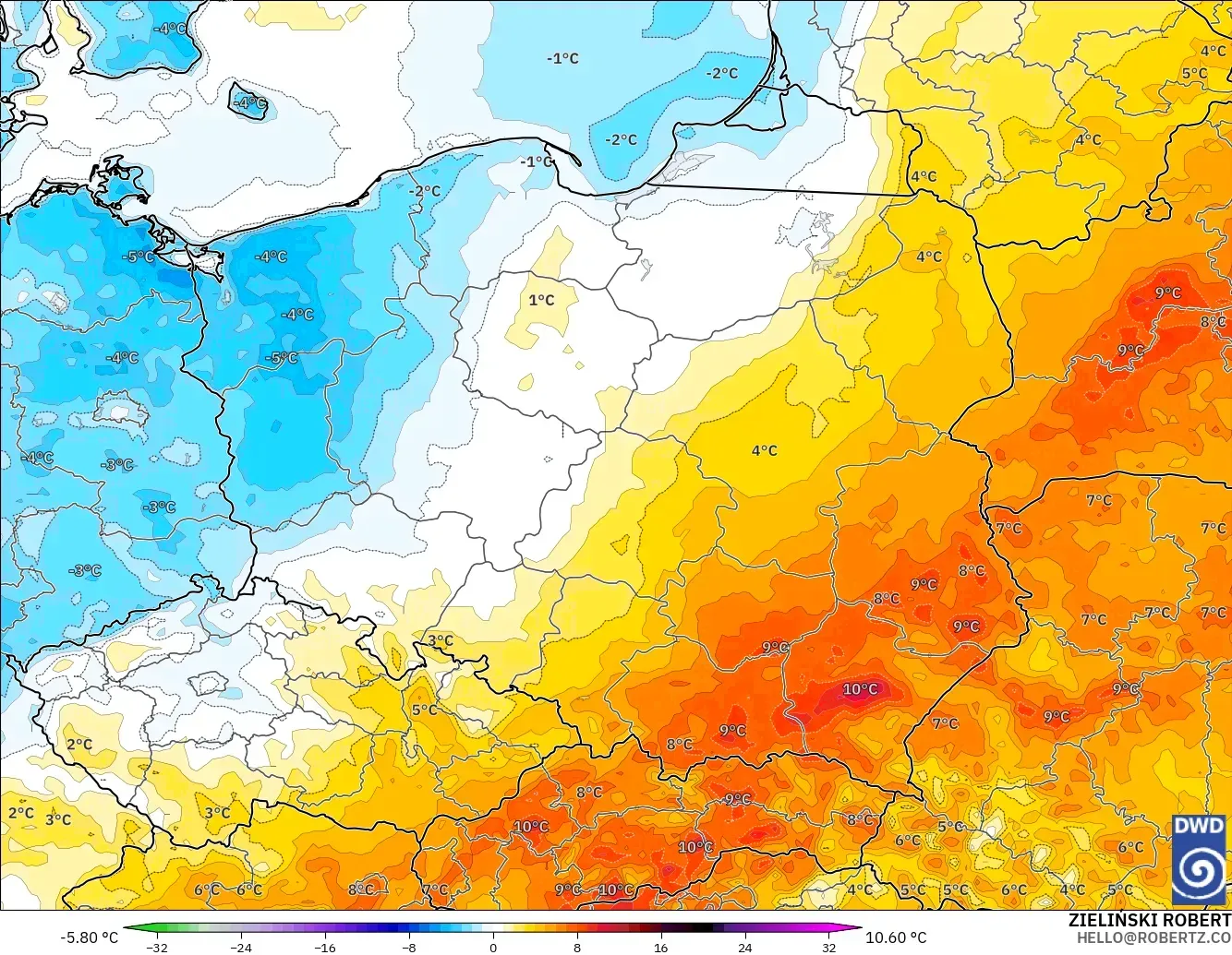 ICON modelo - Polonia, Anomalía de temperatura a 2 m