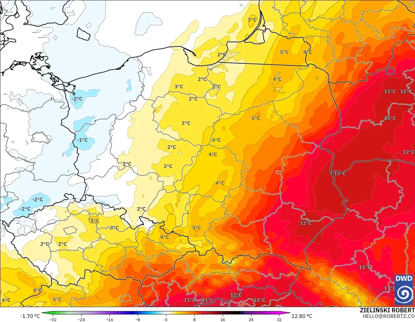 ICON modelo - Polonia, Anomalía de temperatura a 850 hPa