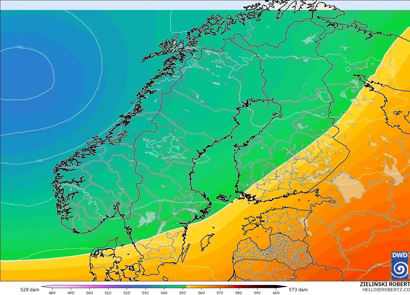 ICON modelo - Escandinavia, Altura geopotencial a 500 hPa
