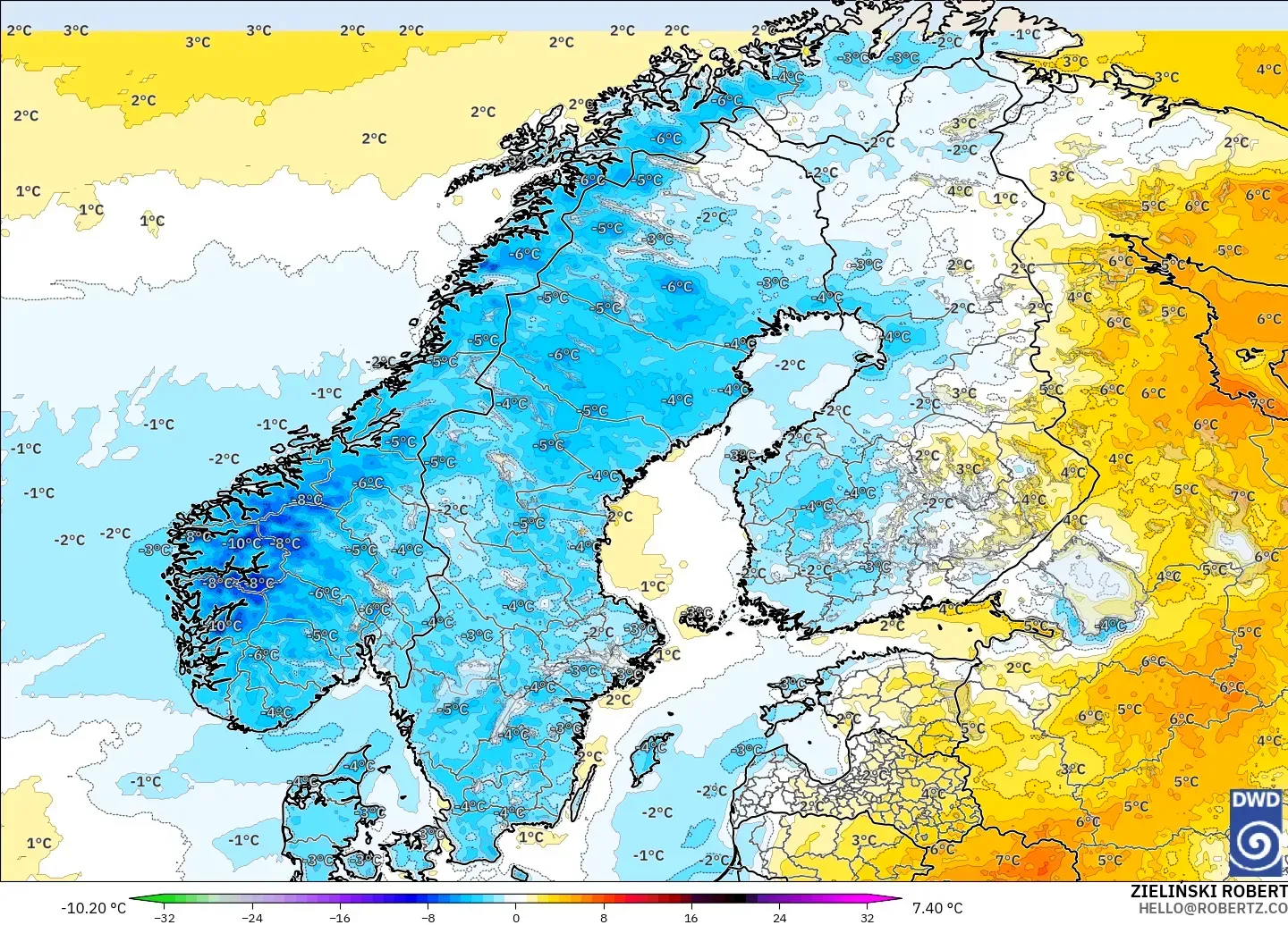 ICON modelo - Escandinavia, Anomalía de temperatura a 2 m
