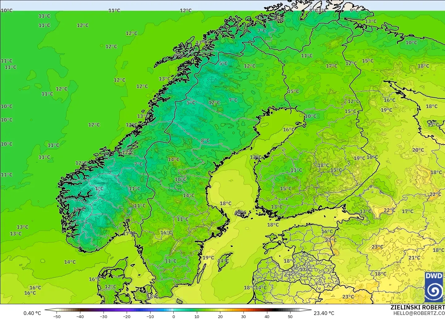 ICON modelo - Escandinavia, Temperatura a 2 m