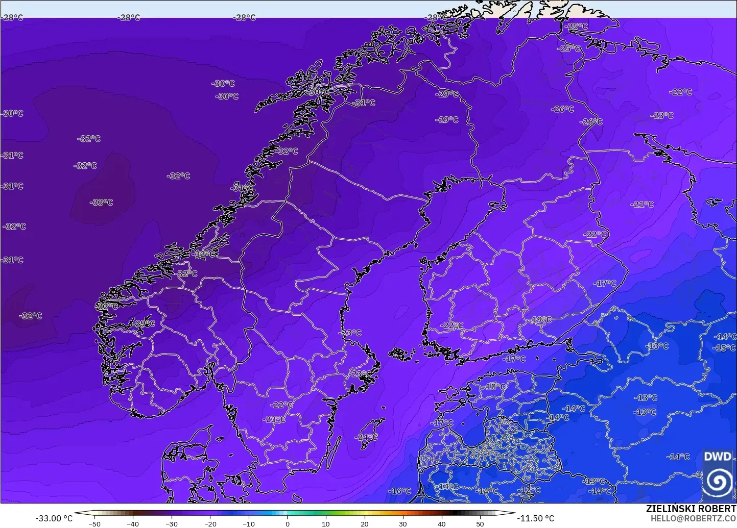 ICON modelo - Escandinavia, Temperatura a 500 hPa