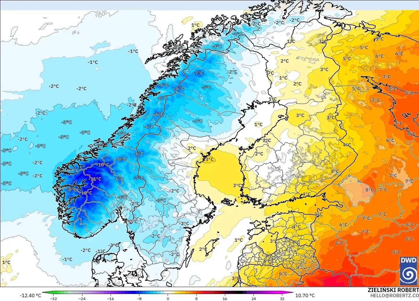 ICON modelo - Escandinavia, Anomalía de temperatura a 850 hPa