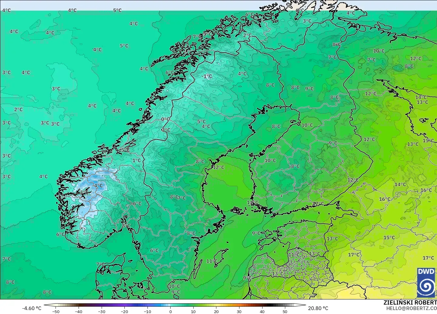 ICON modelo - Escandinavia, Temperatura a 850 hPa