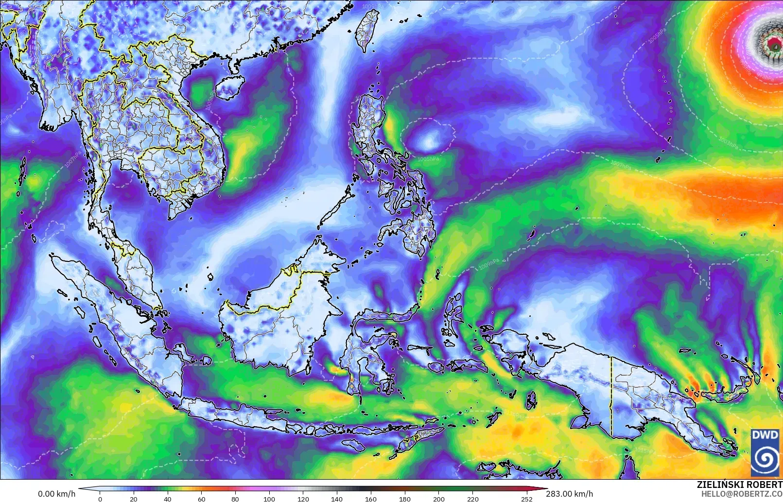 ICON modelo - Sudeste Asiático, Ráfagas de viento
