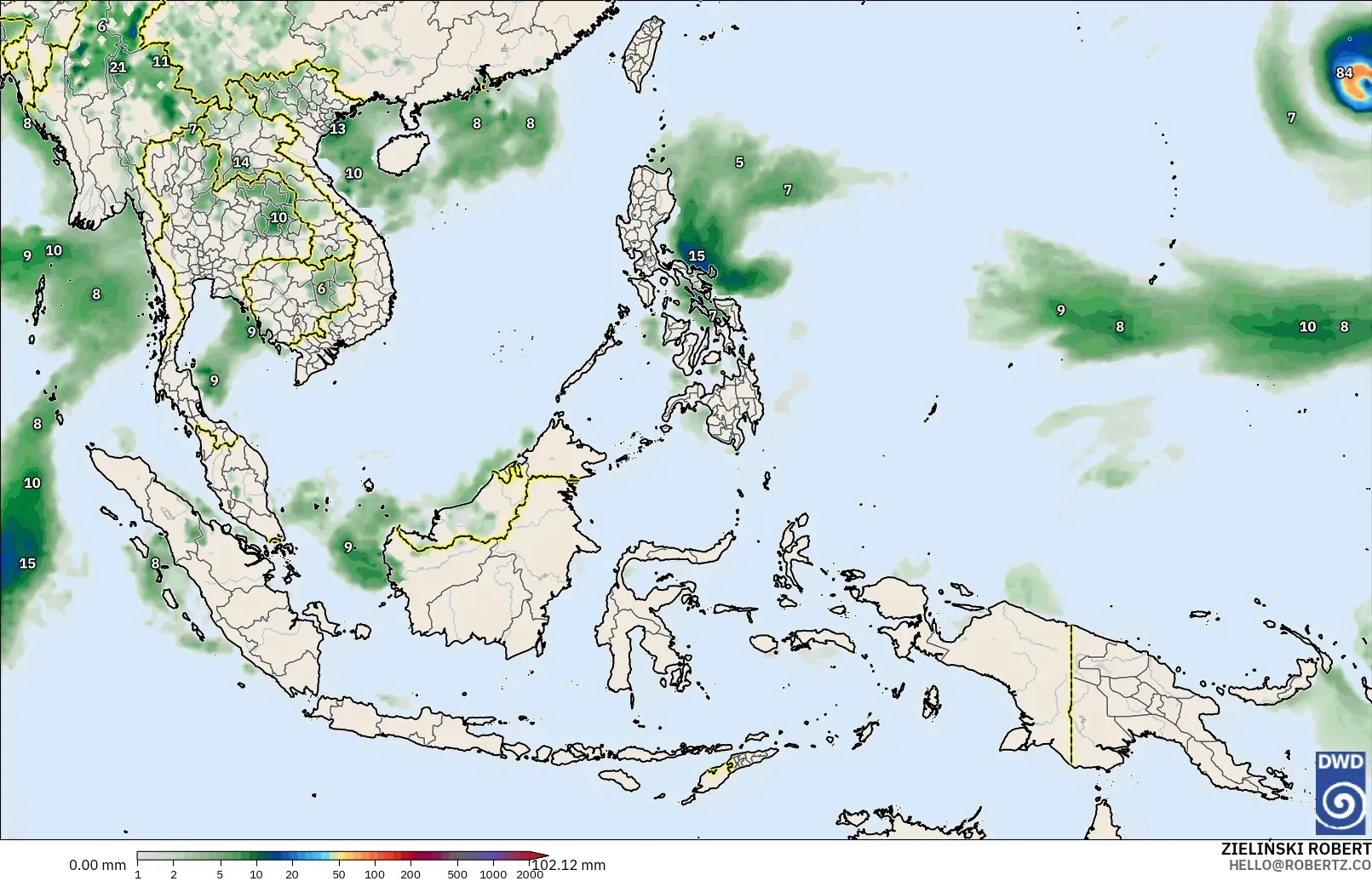 ICON modelo - Sudeste Asiático, Acumulación de precipitación