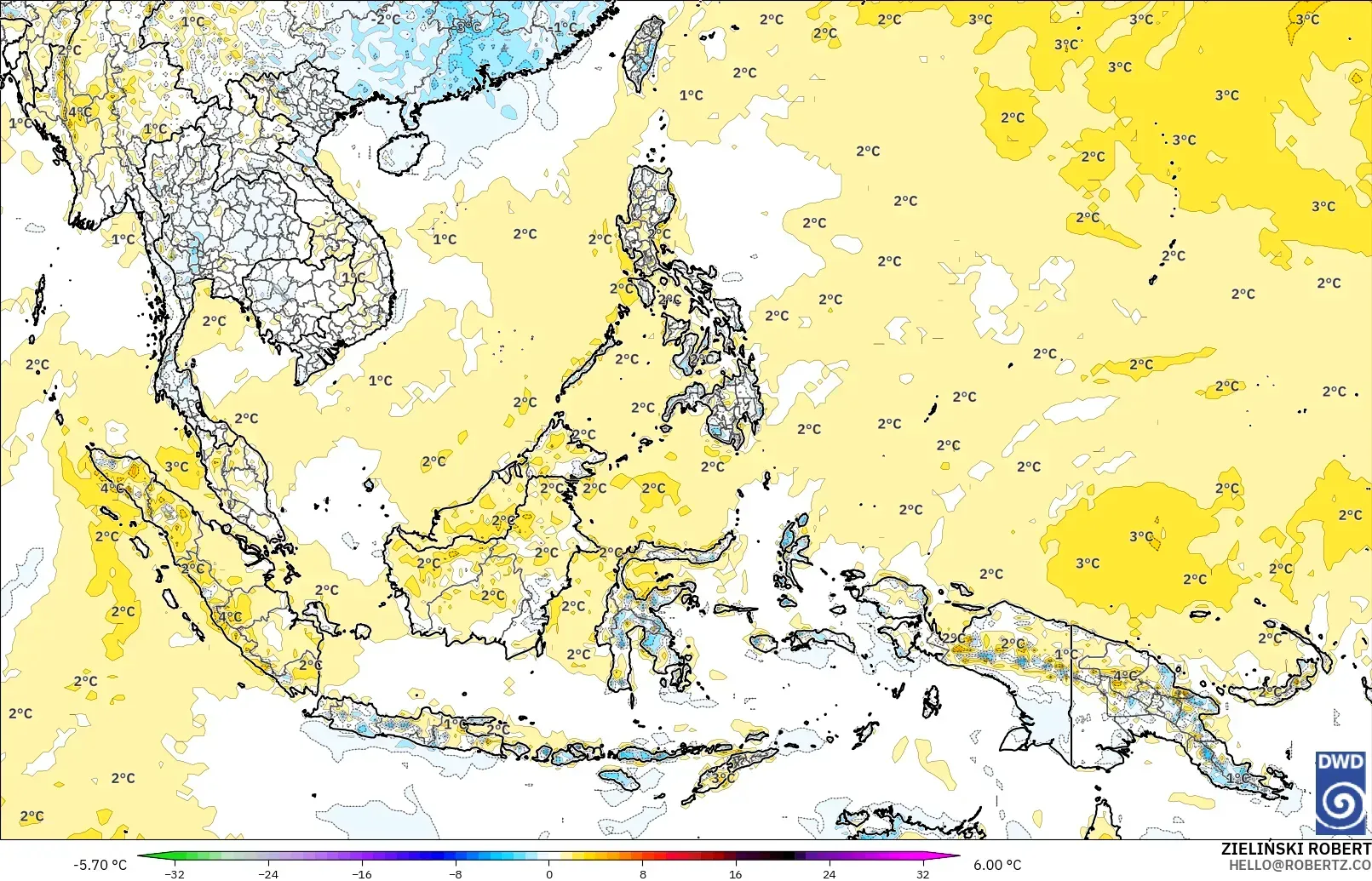 ICON modelo - Sudeste Asiático, Anomalía de temperatura a 2 m
