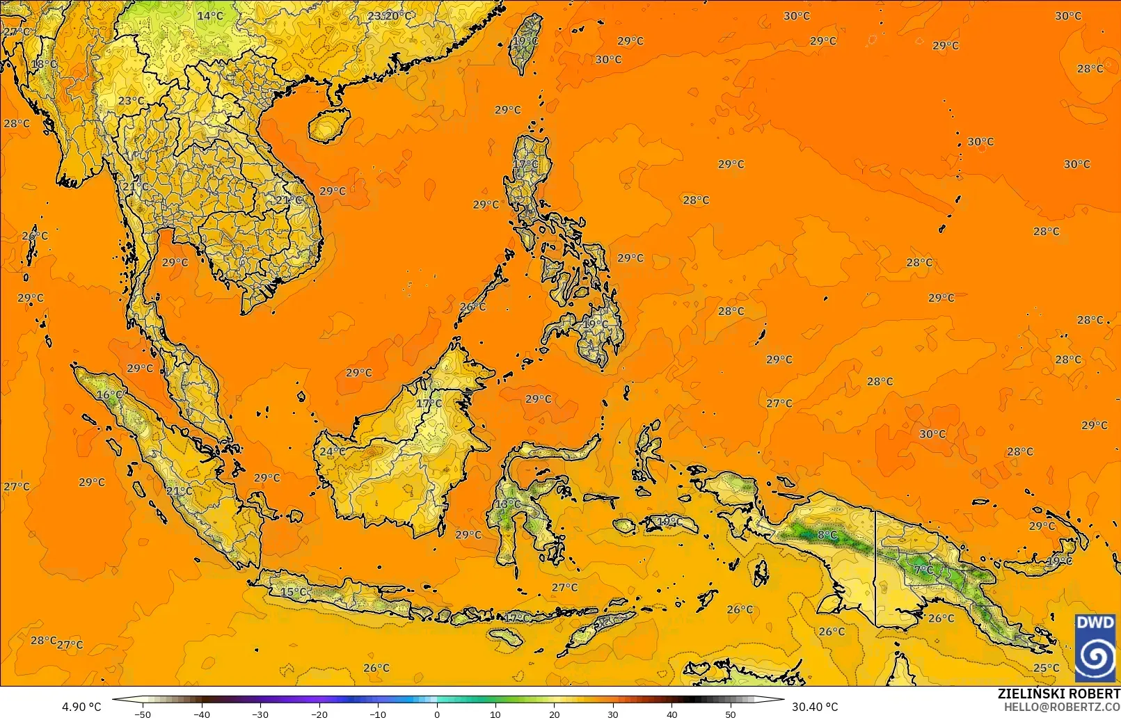 ICON modelo - Sudeste Asiático, Temperatura a 2 m