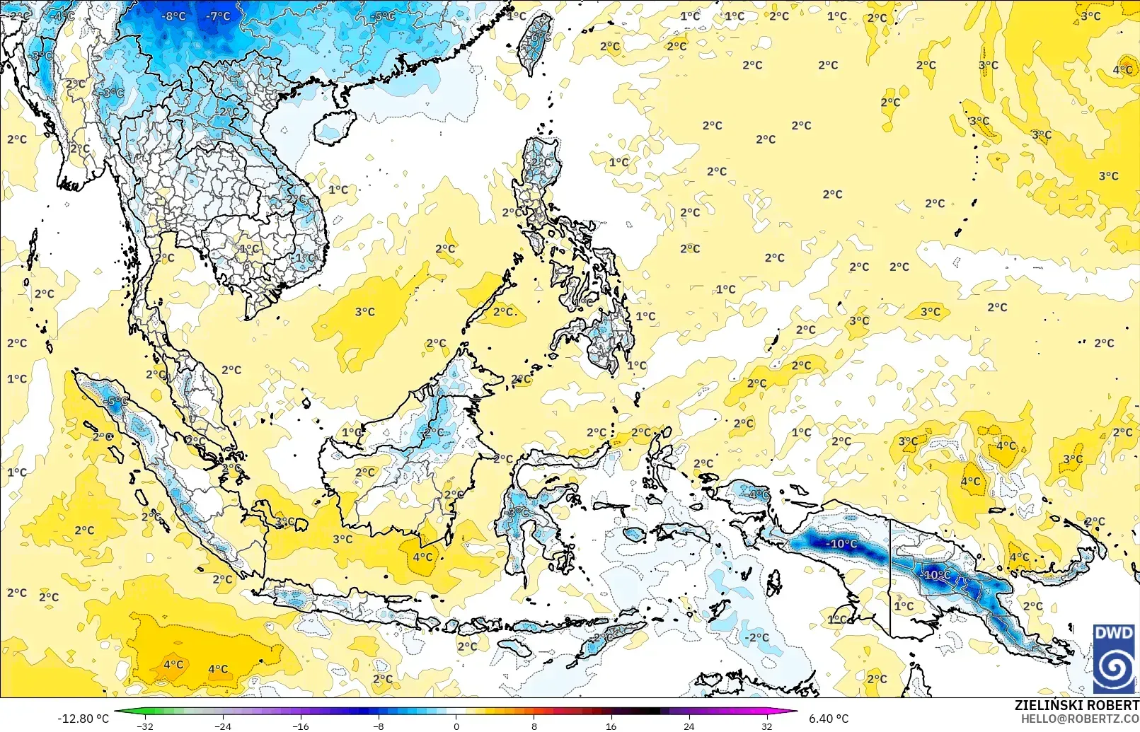 ICON modelo - Sudeste Asiático, Anomalía de temperatura a 850 hPa