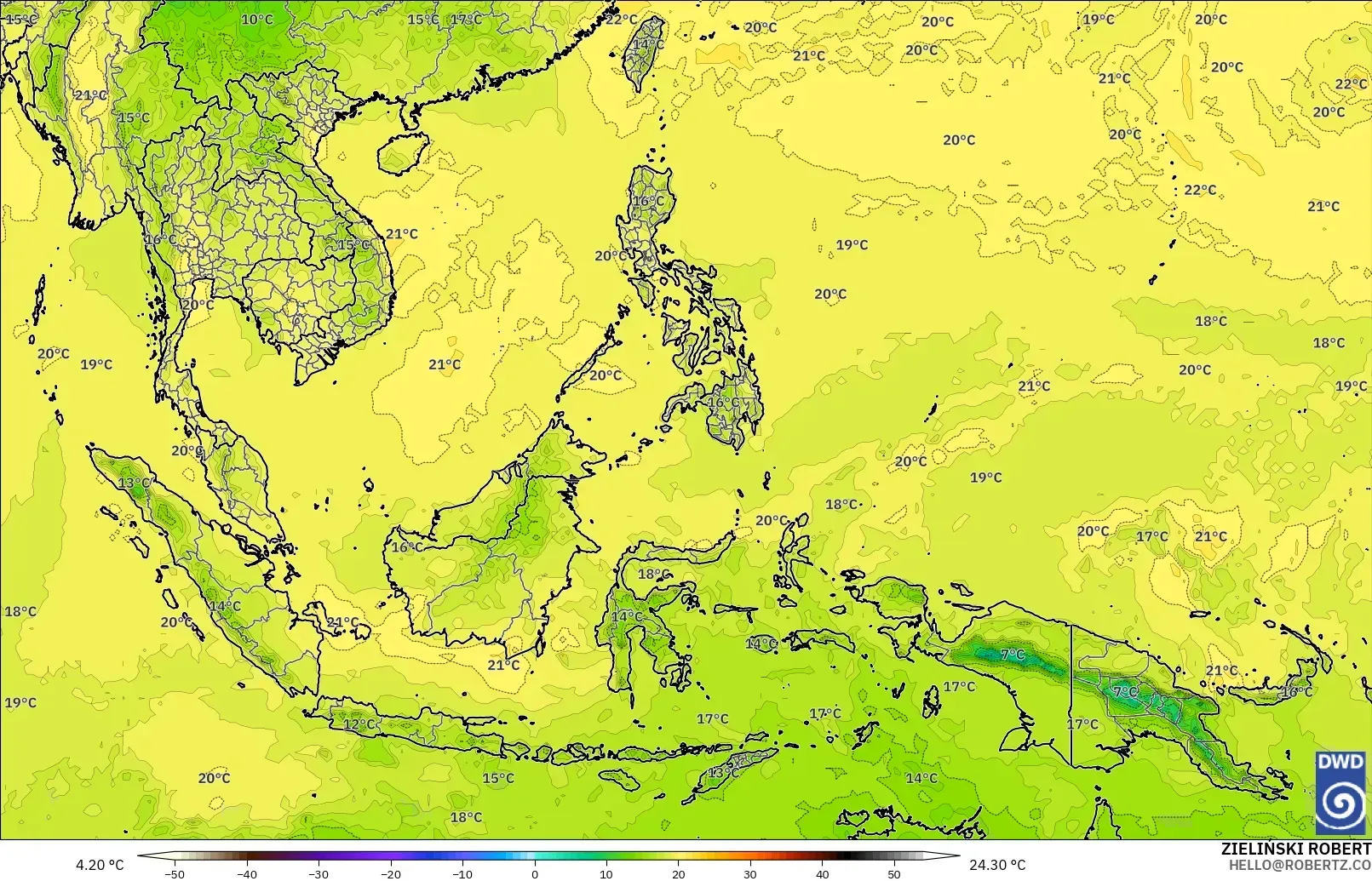 ICON modelo - Sudeste Asiático, Temperatura a 850 hPa