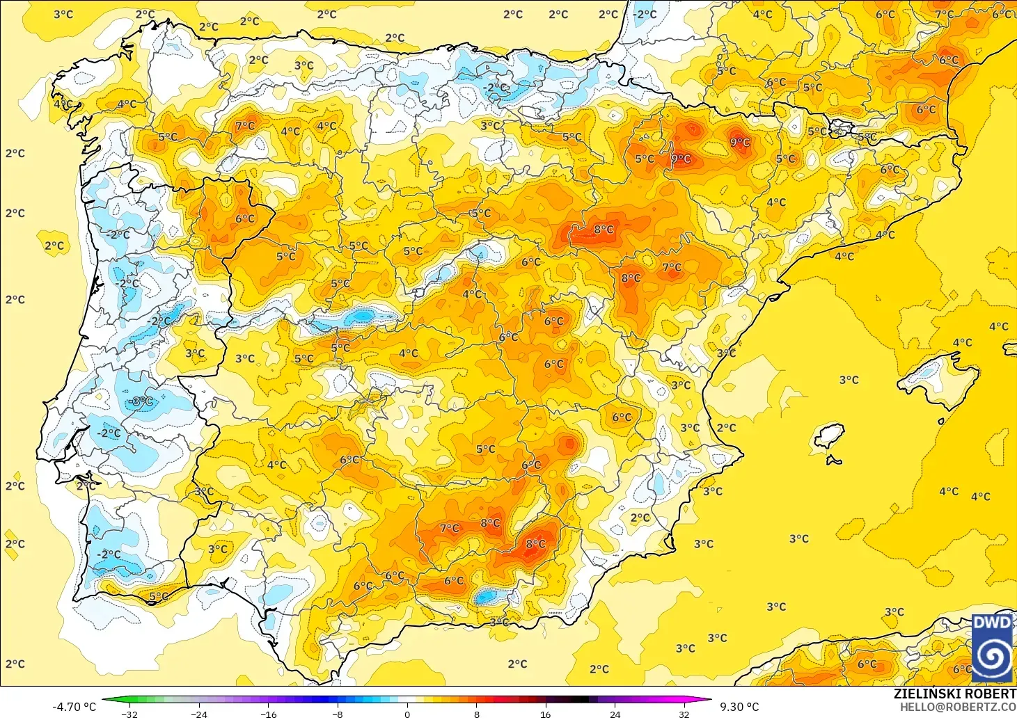 ICON modelo - España, Anomalía de temperatura a 2 m