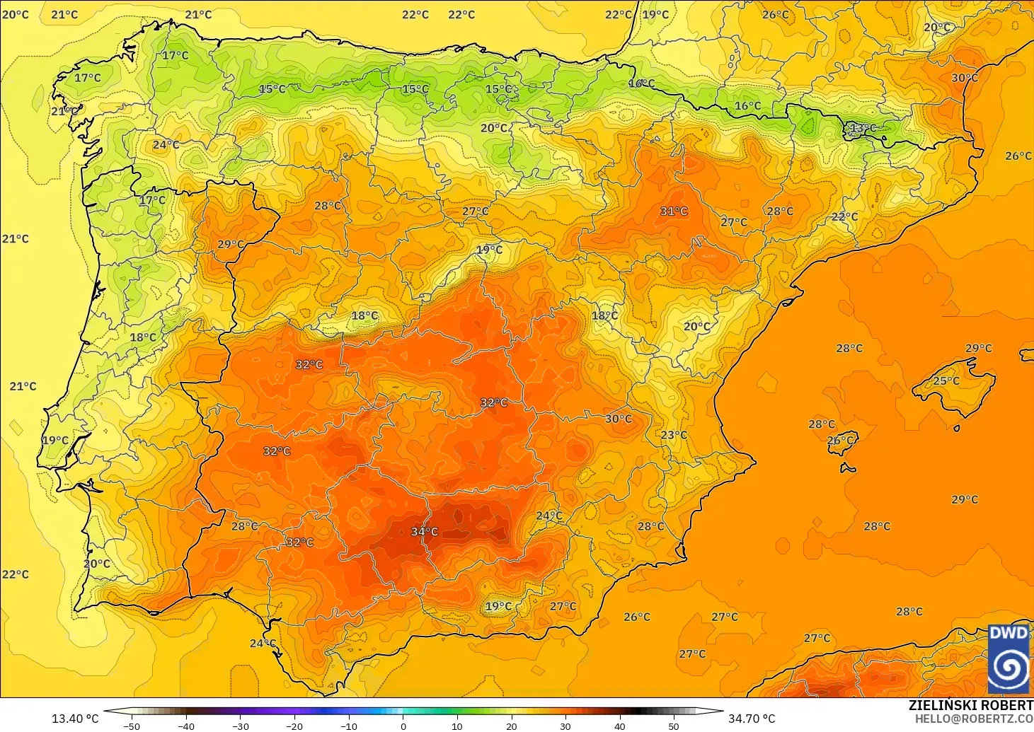 ICON modelo - España, Temperatura a 2 m