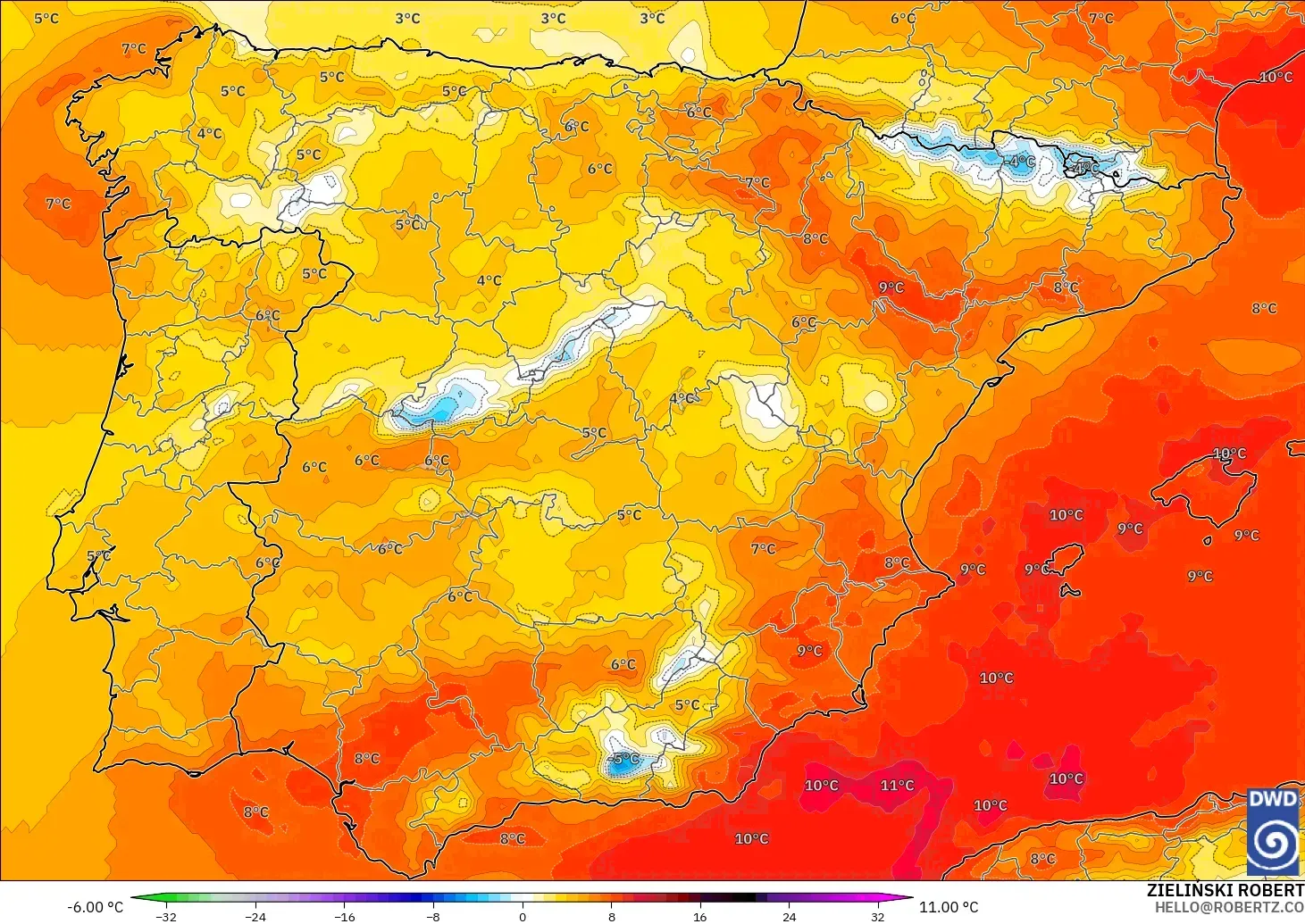 ICON modelo - España, Anomalía de temperatura a 850 hPa