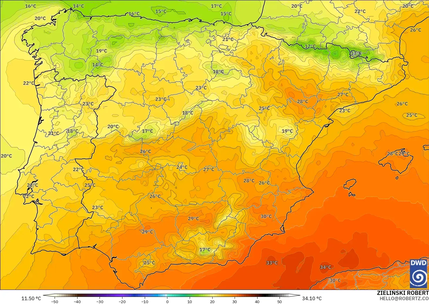 ICON modelo - España, Temperatura a 850 hPa