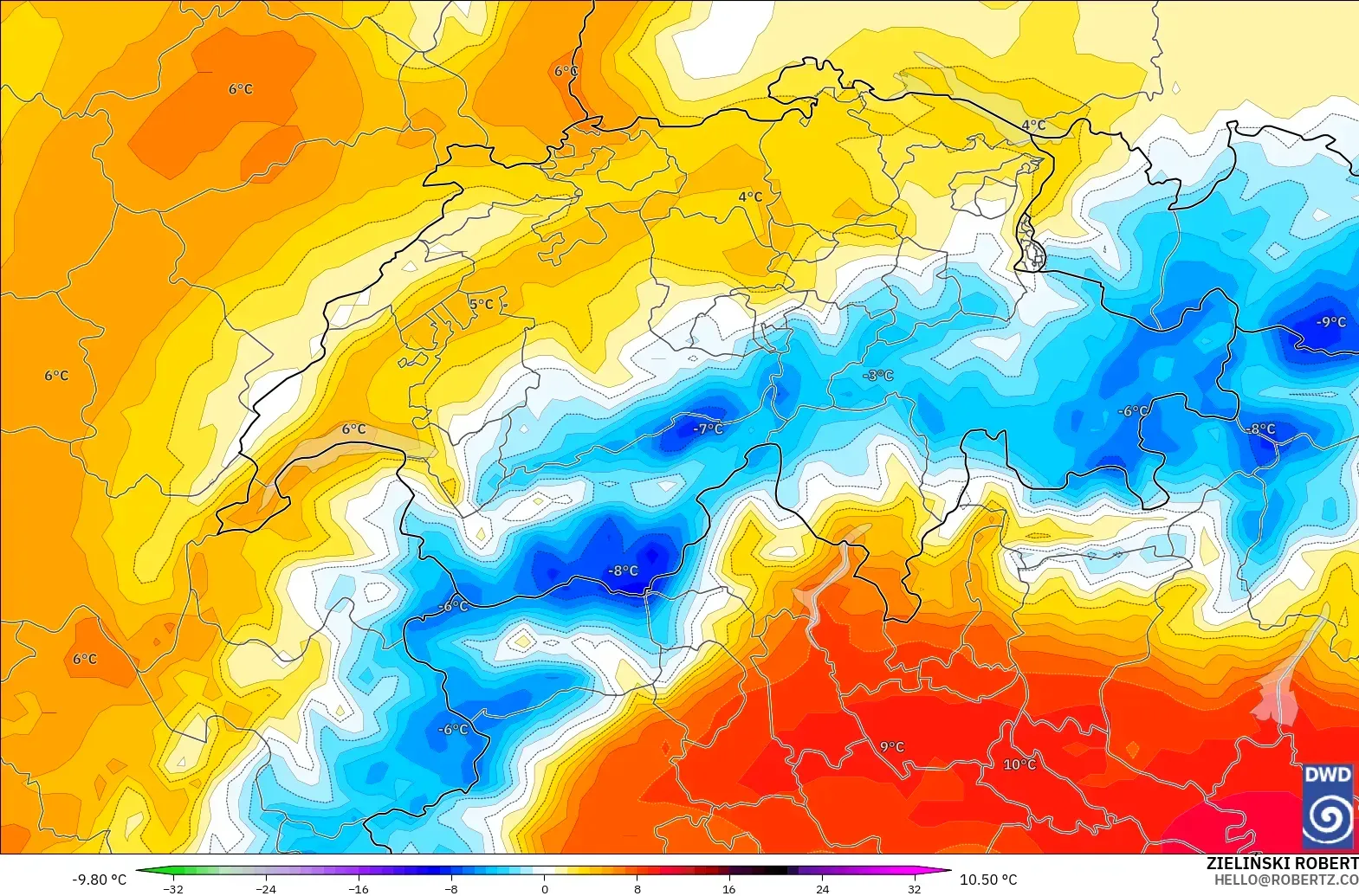 ICON modelo - Suiza, Anomalía de temperatura a 850 hPa
