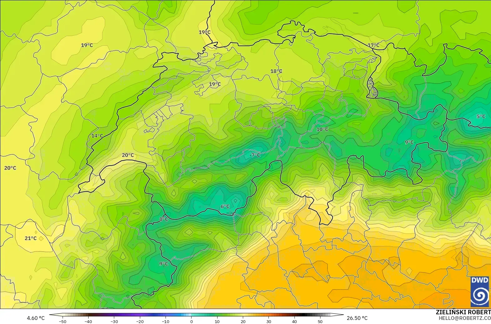 ICON modelo - Suiza, Temperatura a 850 hPa