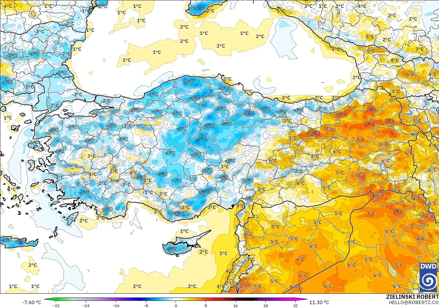 ICON modelo - Turquía, Anomalía de temperatura a 2 m